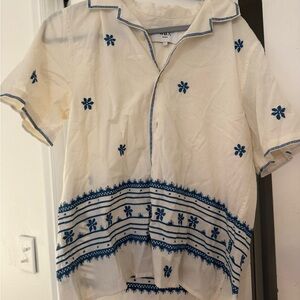 Wax London Men's White and Blue Embroidered Shirt